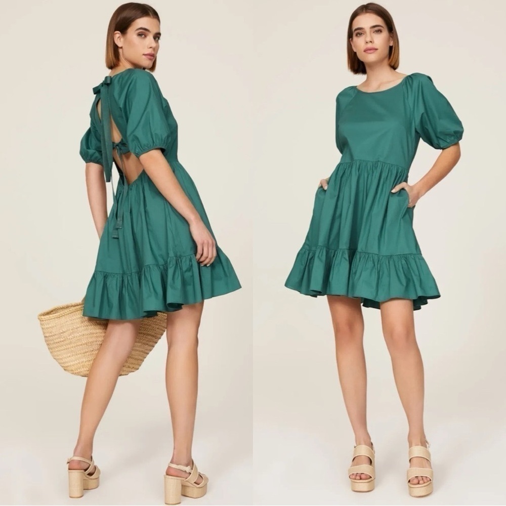 PETER SOM Puff Sleeves Cotton Green Babydoll Mini Dress Sz 6